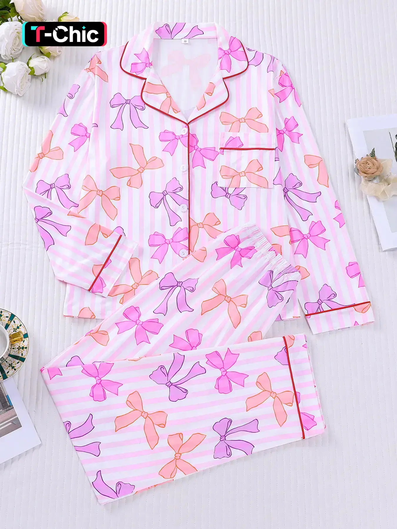 2-piece Full Body Striped Pink Purple Bow Print Long Sleeved Pants Soft and Comfortable Skin Friendly Smooth Elastic Waistband Top Small Pocket Button Closure Suitable for All Seasons Home Casual Wear Loungewear Pajamas Pajama Set