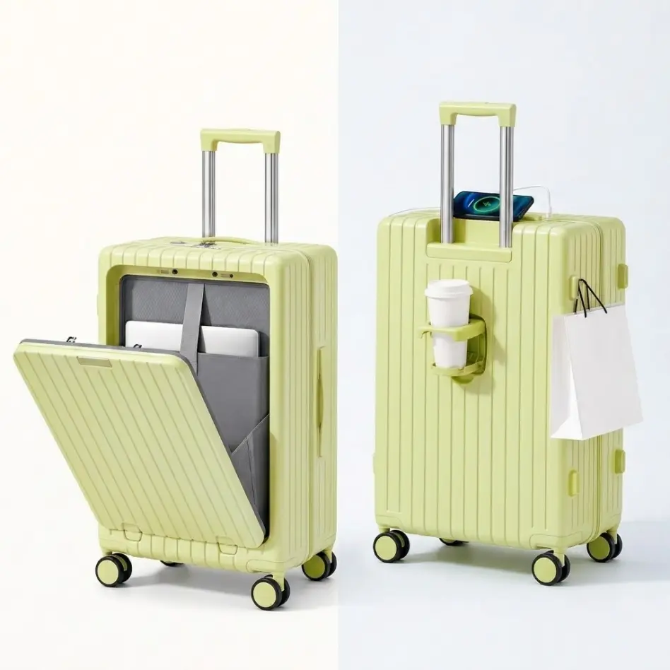 Front-Opening Hard Shell Carry-On Luggage, Multifunctional Suitcase with Cup Holder, USB Port, TSA Lock, 360° Spinner Wheels