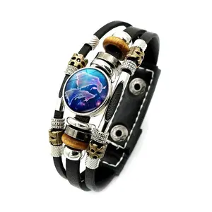 12 Constellation Leather Bracelet Zodiac Sign Glass Snap Button Bracelets For Men Women