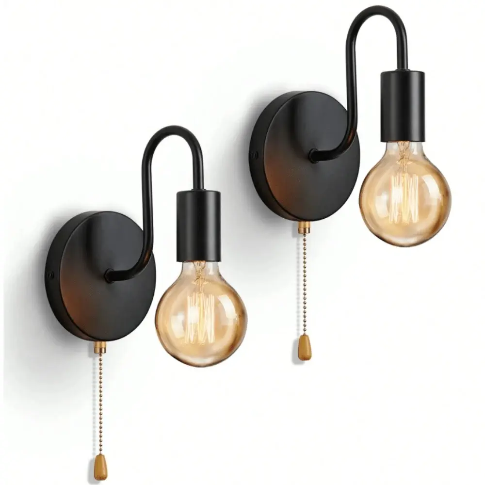 Vintage Black Pull Chain Wall Sconces (Set of 2), E26 Hardwired Light Fixtures with On/Off Switch, Indoor Lighting Accessories for Bedroom, Living Room