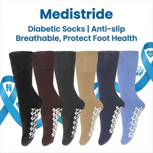6 pairs of non-slip, non-restrictive diabetic socks |     Yoga and Pilates socks with rubber anti-slip soles, available in various colors, sizes 10-13 |     MEDISTRIDE, fabric