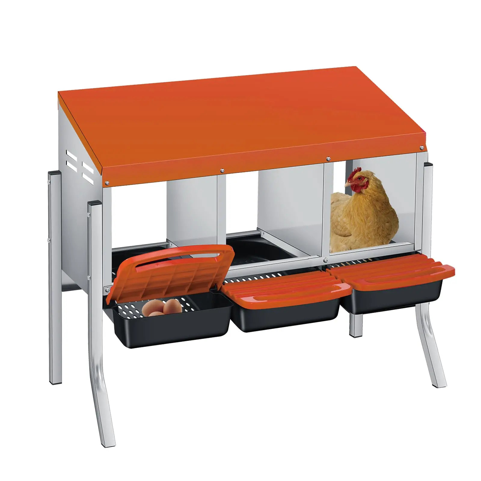 3 Hole Chicken Nesting Box-Heavy Duty Metal Chicken Laying Box,Easy Egg Collection with Removable Tray for Poultry Coop,Farm,with Bracket Legs,Orange