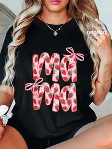 100% Cotton Unisex Mama Strawberry Coquette Bow Mommy Happy Mother's Day Mom T-Shirt Casual Top