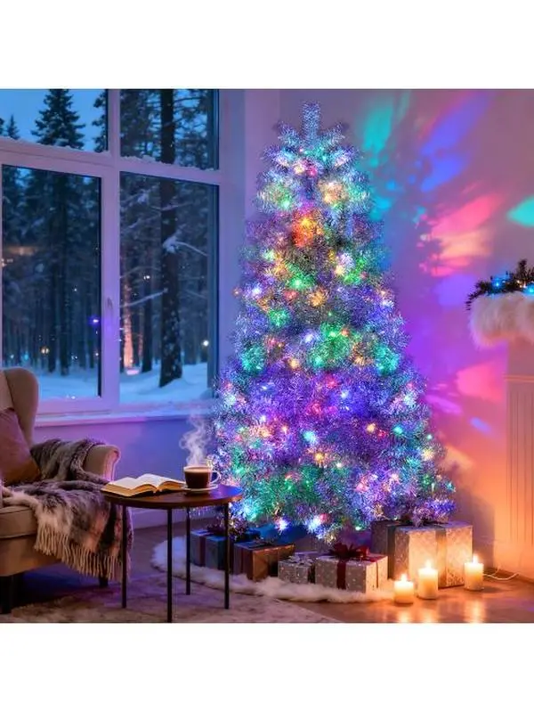 6FT Sliver Pre-Lit Artificial Christmas Tree, Hinged Full Tree with Metal Stand, 800 Branch Tips, 300 LED Lights,11 Lighting Modes, Holiday Decoration Tree for Indoor and Outdoor