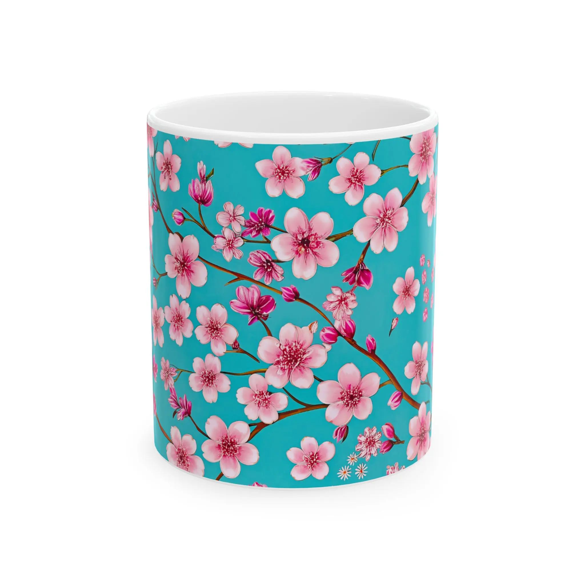 Lightweight Glossy Printed Pink Cherry Blossom Ceramic Mug, Reusable Floral Drinkware for Coffee Drinks