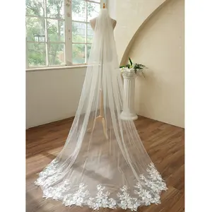 Chapel Length Lace Applique Handmade Wedding Bridal Veil with Metal Comb for Brides