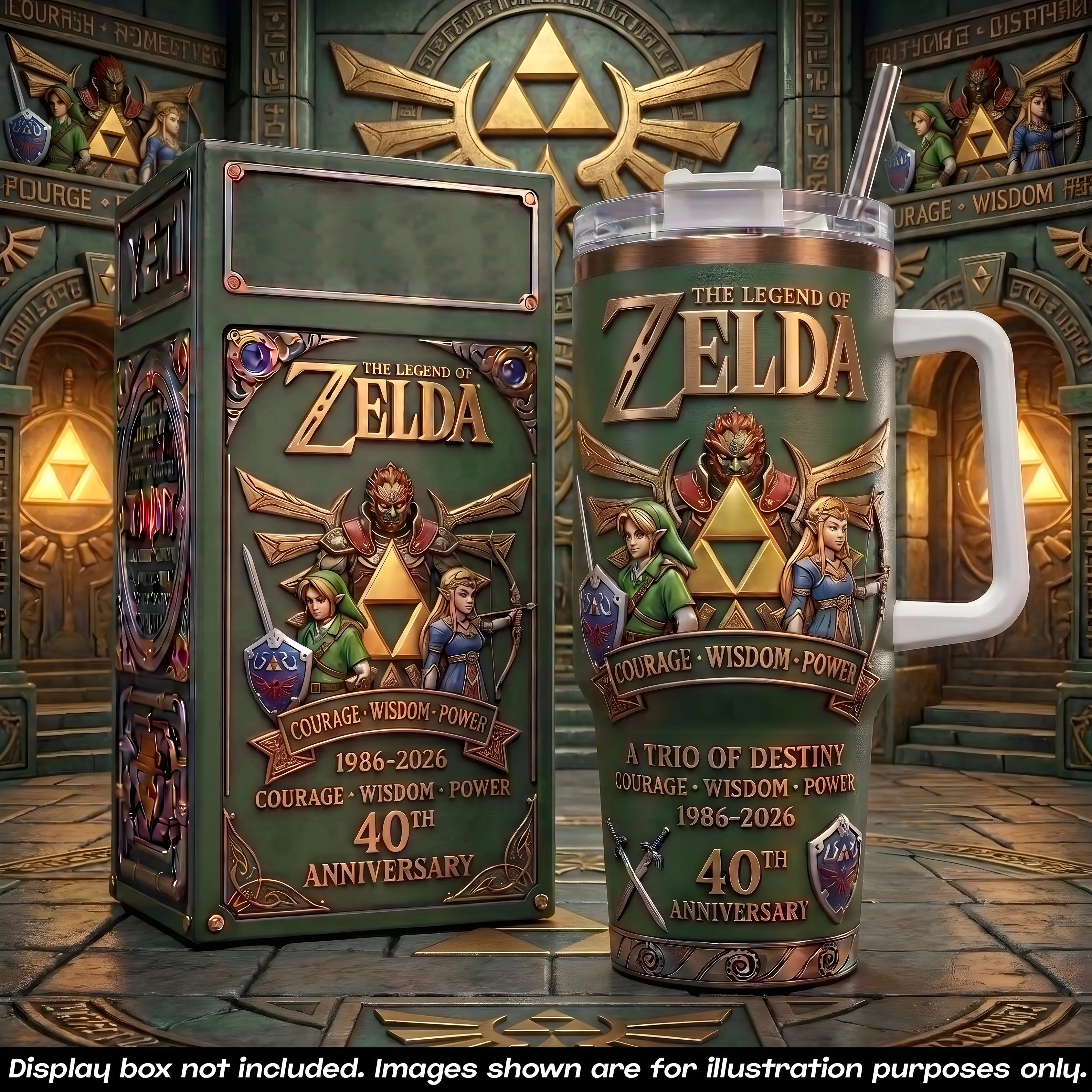 The Legend of Zelda V2 40th Anniversary 40oz Insulated Tumbler With Handle & Straw, 1986-2026 Collector Edition Stainless Steel Travel Mug, Master Sword & Triforce Gaming Cup, Zelda Fan Gift