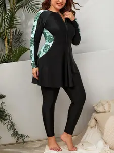 [Plus Size] Leaf Print Mock Neck Swimsuit Set, Patchwork Print Long Sleeve Zipper Top & Skinny Pants Swimwear Set, Women's Two-piece Swimsuit Set for Summer, Bikinis Sets, Rash Guard, Beach