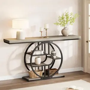 55 Inch Industrial Console Table, 4-Tier Entryway Table with Circle Base, Sofa Table Behind Couch, Narrow Accent Table for Entryway, Hallway, Round Metal Frame.