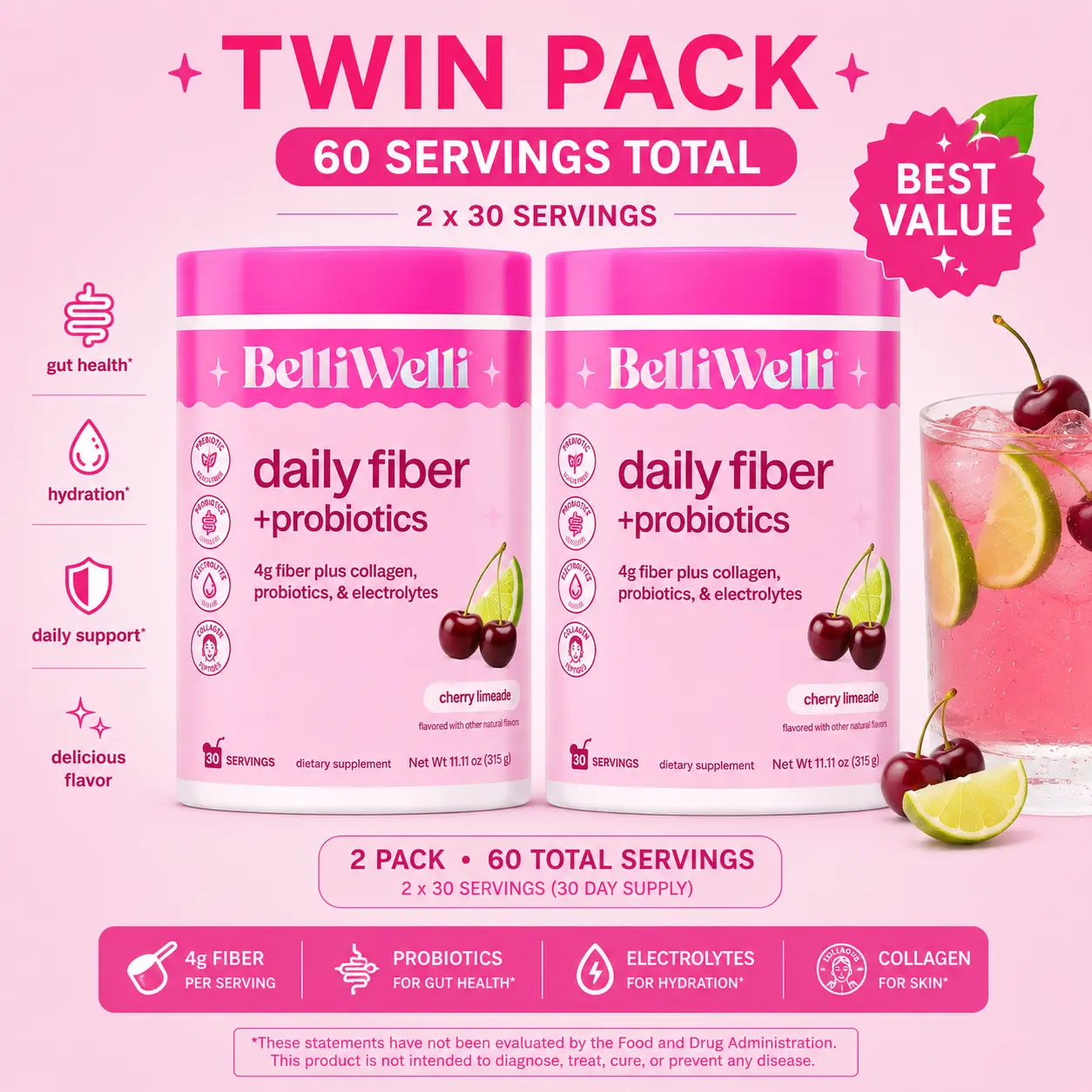 Cherry Gut Wellness Dietary Supplement Bundle with Electrolytes, Fiber, Collagen & Digestive Support