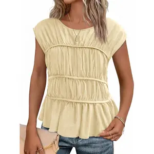 Womens Cap Sleeve Peplum Tank Tops Summer Babydoll Smocked Cotton Shirts Casual Crew Neck Pleated Blouse