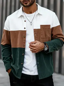 Men's Casual Fashionable Jacket Three-Color Patchwork Design, Vintage Long Sleeve Shirt with Pockets, Spring & Fall Thin Layered Outerwear