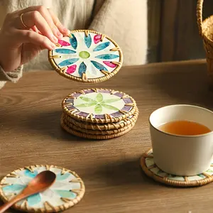 5-Pack Vietnam Rattan Woven Round Coasters with Colorful Shell Inlay | Heat-Resistant & Moisture-Proof Coasters for Teapots, Cups, Desktop Snacks & Coffee Tables, Anti-Scald Shell Pattern Mats for Mugs, Glass Cups, Coffee & Hot Tea Drinks, Handmade with L