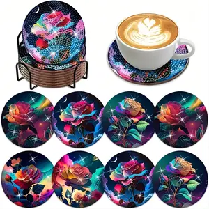 8-Piece Floral Pattern Diamond Painting Wooden Coasters Set, DIY Creative Diamond Art Cup Mats, Holiday Gift Idea