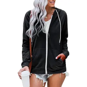 Women Casual Full Zip Up Hoodie Comfy Loose Long Sleeve Sweatshirt Solid Color Jacket with Pockets