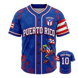 Custom Puerto Rico Baseball Jersey | Personalized Name & Number Boricua Fan Shirt, Puerto Rican Coqui Frog & Taino Symbols Button Down Jersey