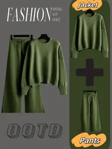 Women's Elegant Casual Set, Top + Pants Two-Piece, Autumn Winter Warm Fitted Long Sleeves Knit Sweater, Versatile for Daily Wear