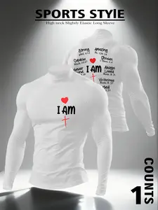Men's High Neck Long Sleeve Thermal Shirt "I AM" Inspirational Bible Print Activewear for Gym, Fitness, Spiritual Men - white, Thermal Menswear