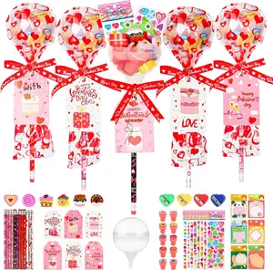 Valentines Day Gifts for Kids 24Pack Giant Lollipop Stationery Set with Cards Pencils Stickers Erasers Sticky Notes Stampers Sharpener for Classroom Exchange Prizes Gift Boys Girls Party Favors