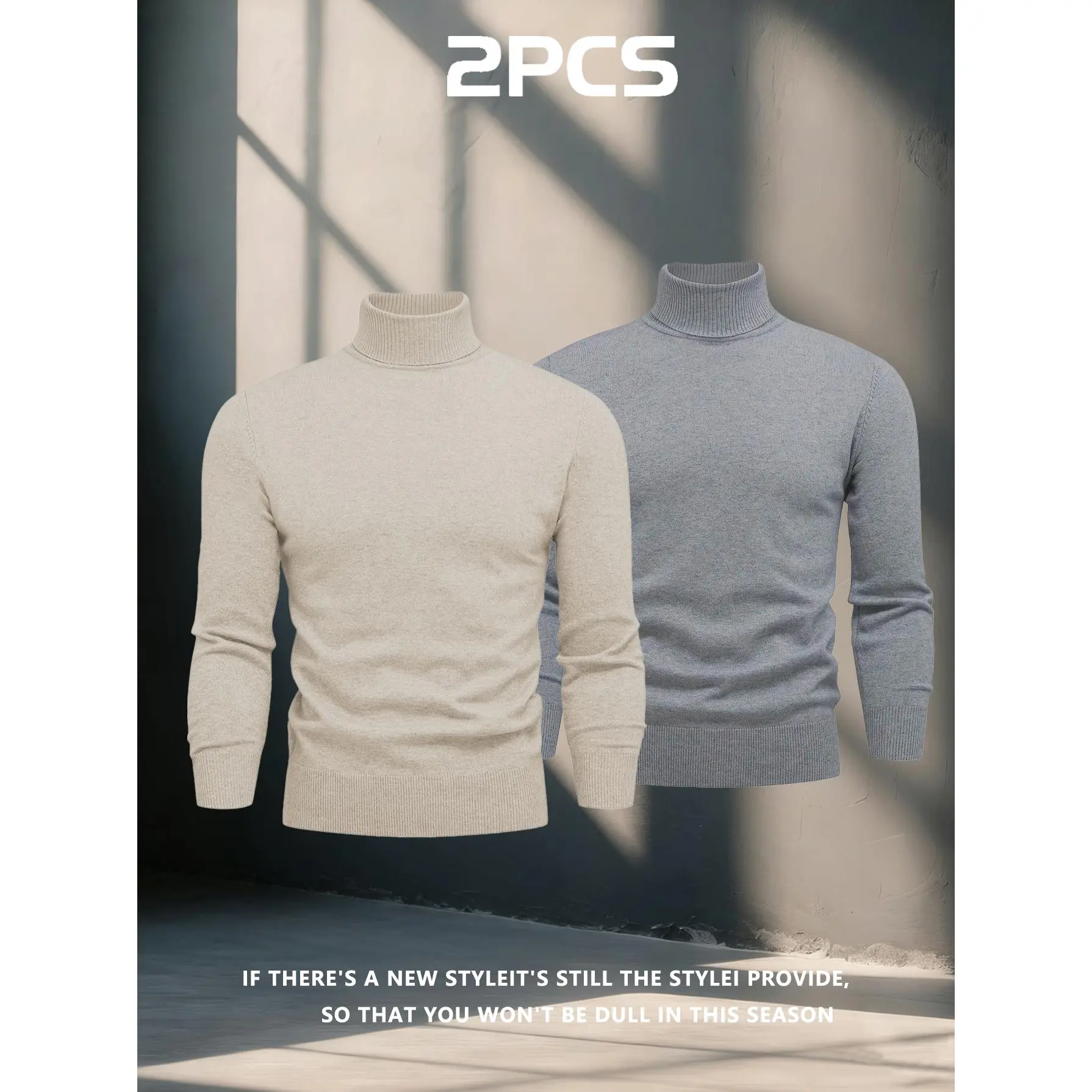 Men's 2-PCS Solid Turtleneck Knitted Sweater Set, Menswear Long Sleeve Regular Fit Layering Pullover, Fabric Ribbed Hem Matching Casual & Business Basic Tops, Sizes S-XXL, Natural, Formal