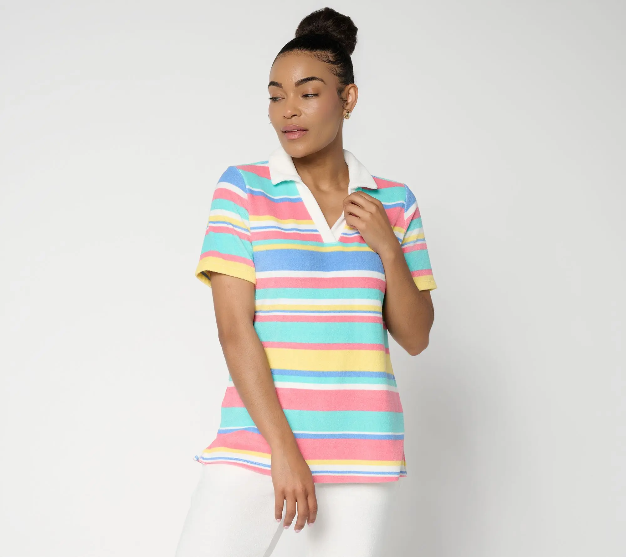 Belle Beach by Kim Gravel Poolside Terry Cabana Stripe Polo Top