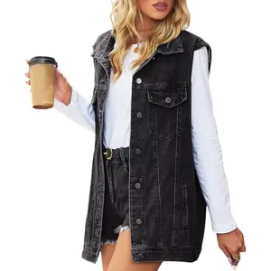 Denim Vest, Oversized Casual Jean Jacket, Button Down Denim Waistcoat, Detachable Hood, Plus Size