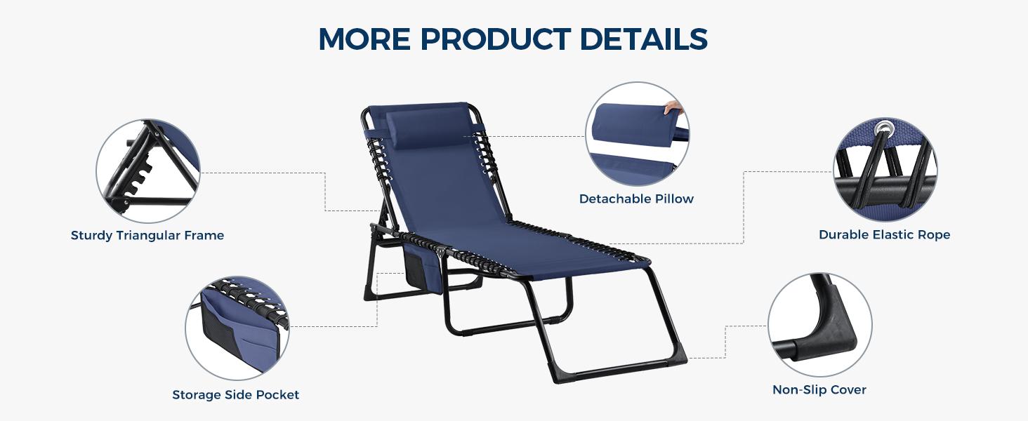 【Outdoor recliner On sale】HOMSHADE Outdoor Folding Chaise Lounge Set - Lounge Chair with 5-Level Adjustable Backrest, 2-Level Footrest&Removable Pillow, Chaise Lounge Outdoor with Side Pocket,for Poolside, Lawn Easy