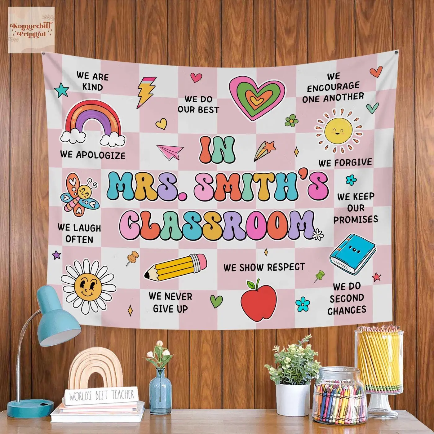Personalized Teacher Classroom Tapestry, Teachers Name Classroom Banner, Groovy Classroom Decor, Gift for Teacher, Back to School Tapestry