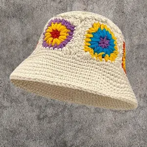 JCH903307 Beige-Multi Hand-Crocheted Floral Bucket Hat with Colorful Sunflower Designs
