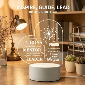 Heart Shaped Flat 2D Acrylic Night Light Engraved Dandelion Boss Mentor Leader Appreciation Quotes, LED Desk Lamp Thank You Gift for Boss Supervisor Mentor, Boss’s Day Birthday Christmas Retirement Office Decor Present