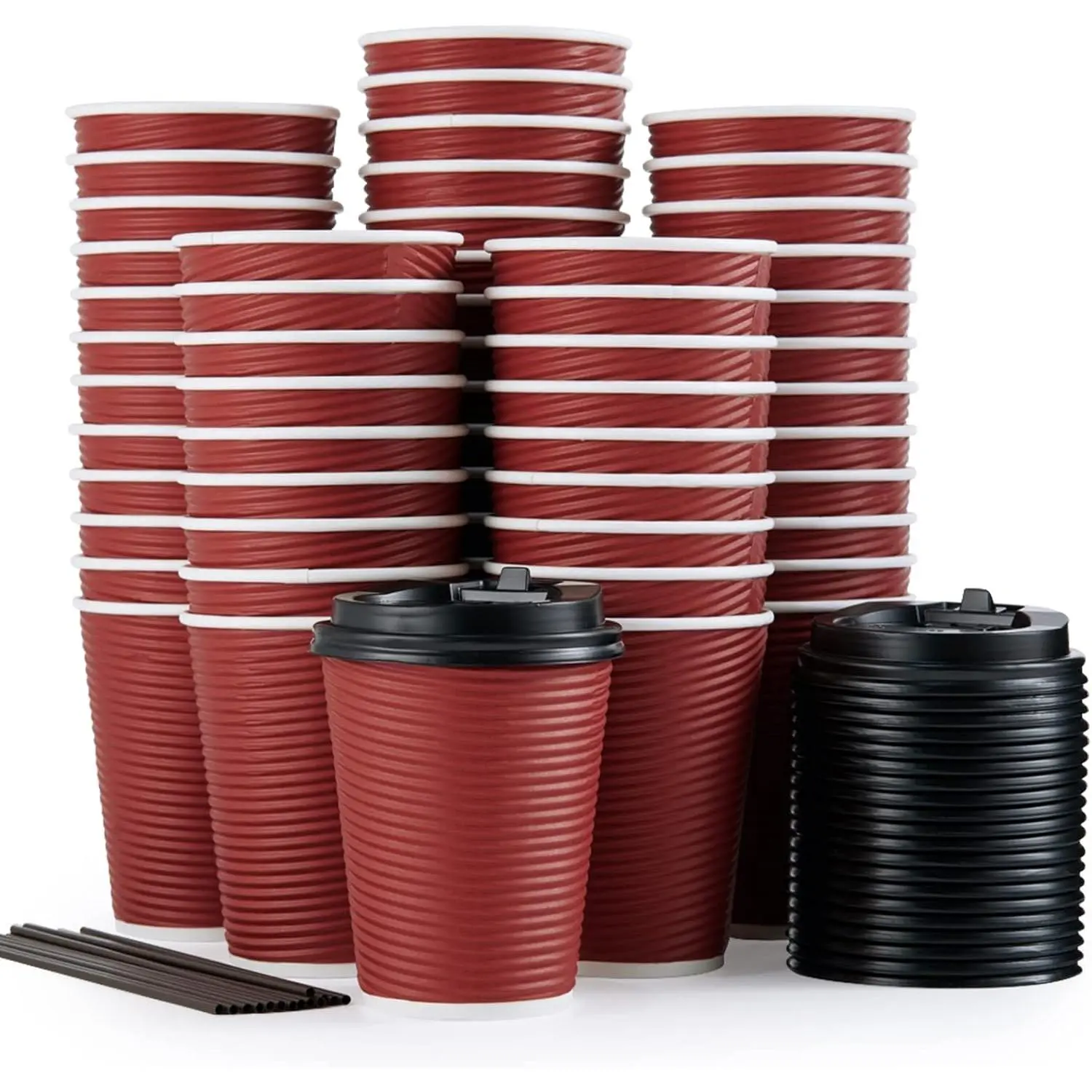 80 Pack Insulated Ripple Wall 12 oz Disposable Paper Cups, Three Layer Insulated Hot Paper Coffee Cups with Lid and Straws for Parties, Picnics, and Travel