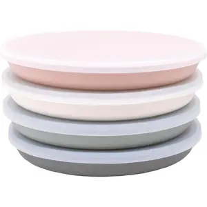 Bamboo Plates with Silicone Lids, Set of 4, Kid-Sized Dinnerware, Cereal, Leftovers & Snacks, Dishwasher Safe Melamine Dishware (Pink, Green, Gray, and Beige)