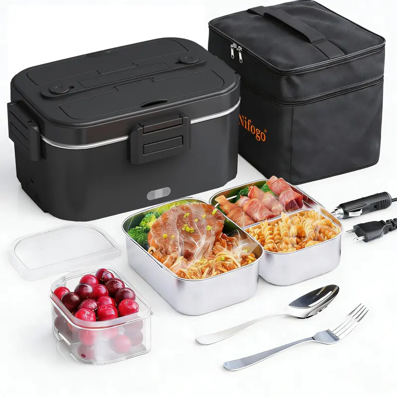 Electric Lunch Box Food Warmer Adult Heated Lunch Box 1.5L 1.8L 100W Food Warmer Lunch Box Portable 12V/24V/110v (For Work/Car/Truck) with Fork, Spoon and Warming Bag