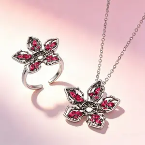 Stranger Things Diamond-Studded Adjustable Ring & Pendant Necklace Set Personalized Alloy Jewelry Accessory