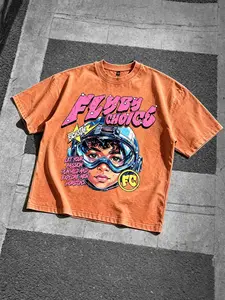 100% Cotton! American Vintage Washed and Distressed Flyby Choice Pilot Print Short Sleeve T-Shirt, a Trendy Brand High Street Loose Cotton Top
