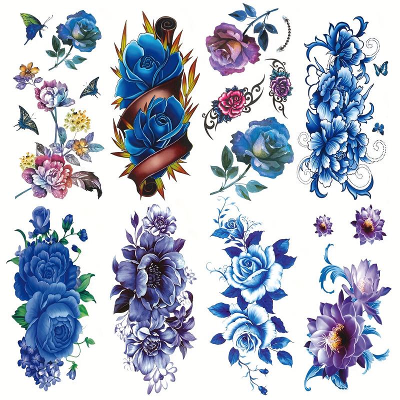 Women's 8-Sheet Glitter Solid Temporary Tattoo Stickers - Waterproof, Long-Lasting, Realistic Assorted Designs with Blue Purple Lotus, Butterfly Patterns for Parties, Casual Use, Children