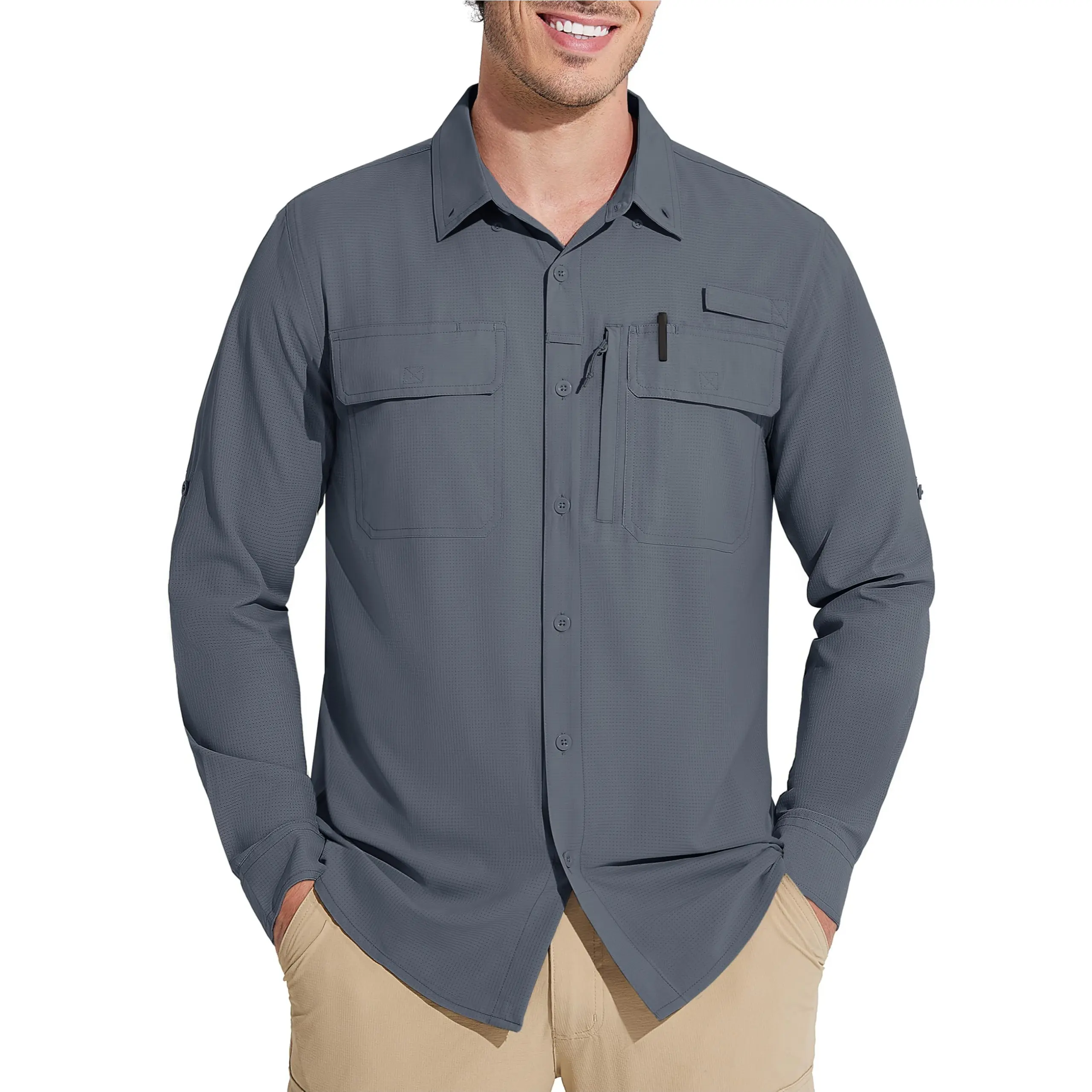 MAGCOMSEN Men's Collared Outdoor Fishing Shirt, Long Sleeve UPF 50+ Sun Protection, Quick Dry Cooling Roll-Up Button Down for Hiking, Premium Outdoor Apparel