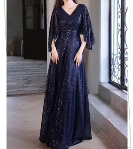 2025 Elegant Beige Sequined V-neck Dress-Delicate Pleated Slim Dress, Ruffle Sleeve, Polyester Fiber and Spandex Blend, Suitable for Dinner Parties and Banquets, Banquet Clothing |   Elegant Slim Dress |   Spandex Fabric HOT