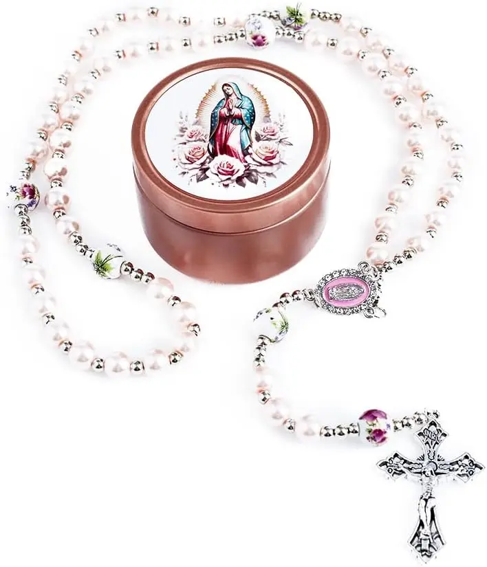 8mm Rosary Beads for Women, Black Glass  Guadalupe Rosary with  Box, Anglican Prayer Beads Catholic Gifts