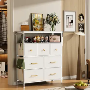 8 Drawer Dresser with Open Shelf – Tall Fabric Storage Organizer with Side Pockets & Hooks, Steel Frame & Wood Top – Closet, Bedroom, Entryway, TV Stand for 45'' TVs – White
