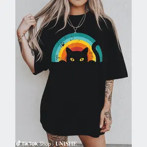 Stylish Women's Vintage Cat Tee – Retro Distressed 100% Cotton Fabric