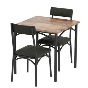 Space-Saving 3 Piece Dining Table Set Compact Kitchen or Dining Room Furniture  for 2  Ideal for Apartments, Breakfast Nooks – Rustic Brown Modern Metal & Wood Table with 2 Upholstered Chairs