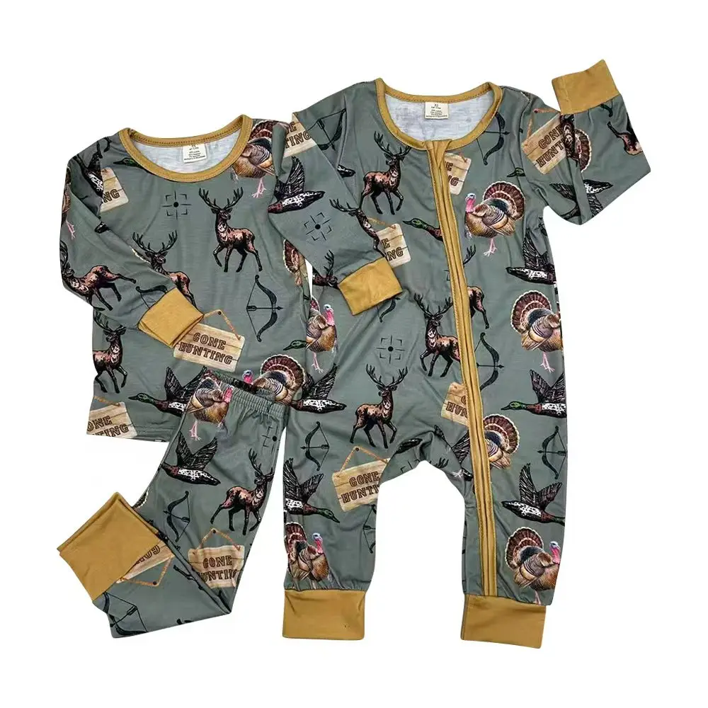 LR1680-Deer Duck Turkey Printed Zip-Up Long-Sleeved Pajamas