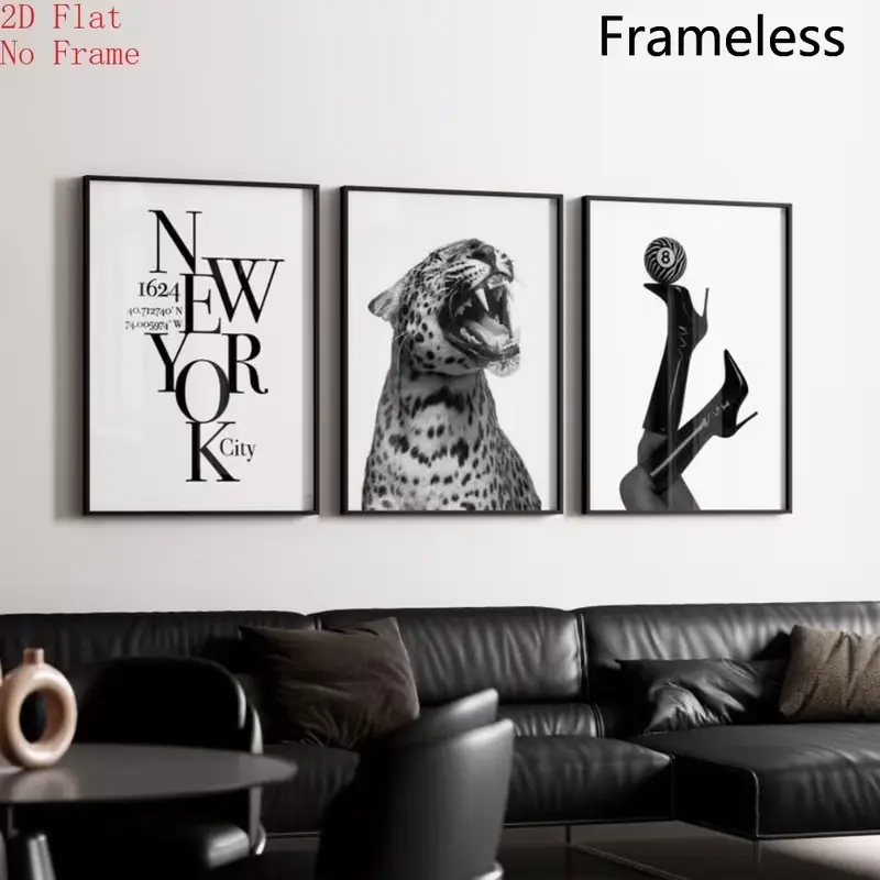 2D Plane 3-Piece Set Frameless Trendy Black and White Fashion Wall, Stockholm Modern Aesthetic Fashion Apartment Decor, Trendy Y2K Wall, Stylish Leopard Print, Halloween Christmas Decor