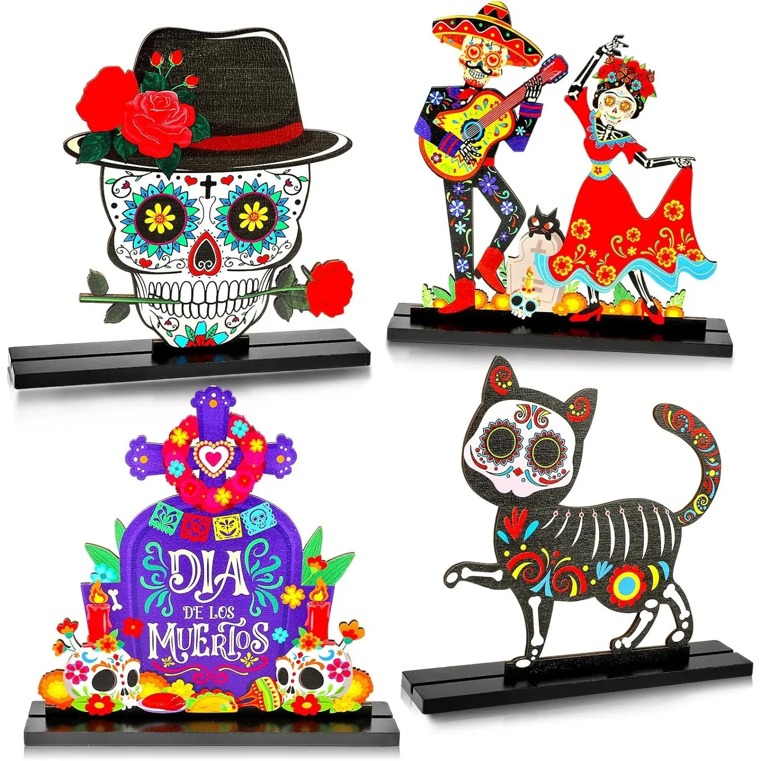 4 count Day of The  Table Decorations,Wooden Mexican Dia De Los Muertos Altar Centerpiece with Sugar Skull Dancing Ghost Skeleton Couple Skeleton  Altar for Day of The  Alter Decor