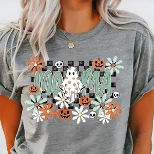 Spooky Mama Tee - Halloween Outfit with Ghost Pumpkin & Daisy Design - Super Soft Gray Fabric - Relaxed Fit for Cozy Stylish Look - Sizes S-XXL