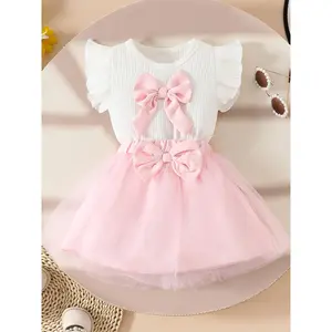 [Need to Wear Lining Inside] 2pcs of Casual Bow Mesh Skirt Sleeveless Top Set Summer Toddler Girl Ruffle Sleeveless White Top with Big Bow T-Shirt + Solid Color Mesh Skirt, for Outdoor