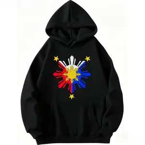 100% Filipino Long Sleeve Hoodie with Bold Philippine Flag Sun Graphic Oversized Printed Hoodie for Men Women