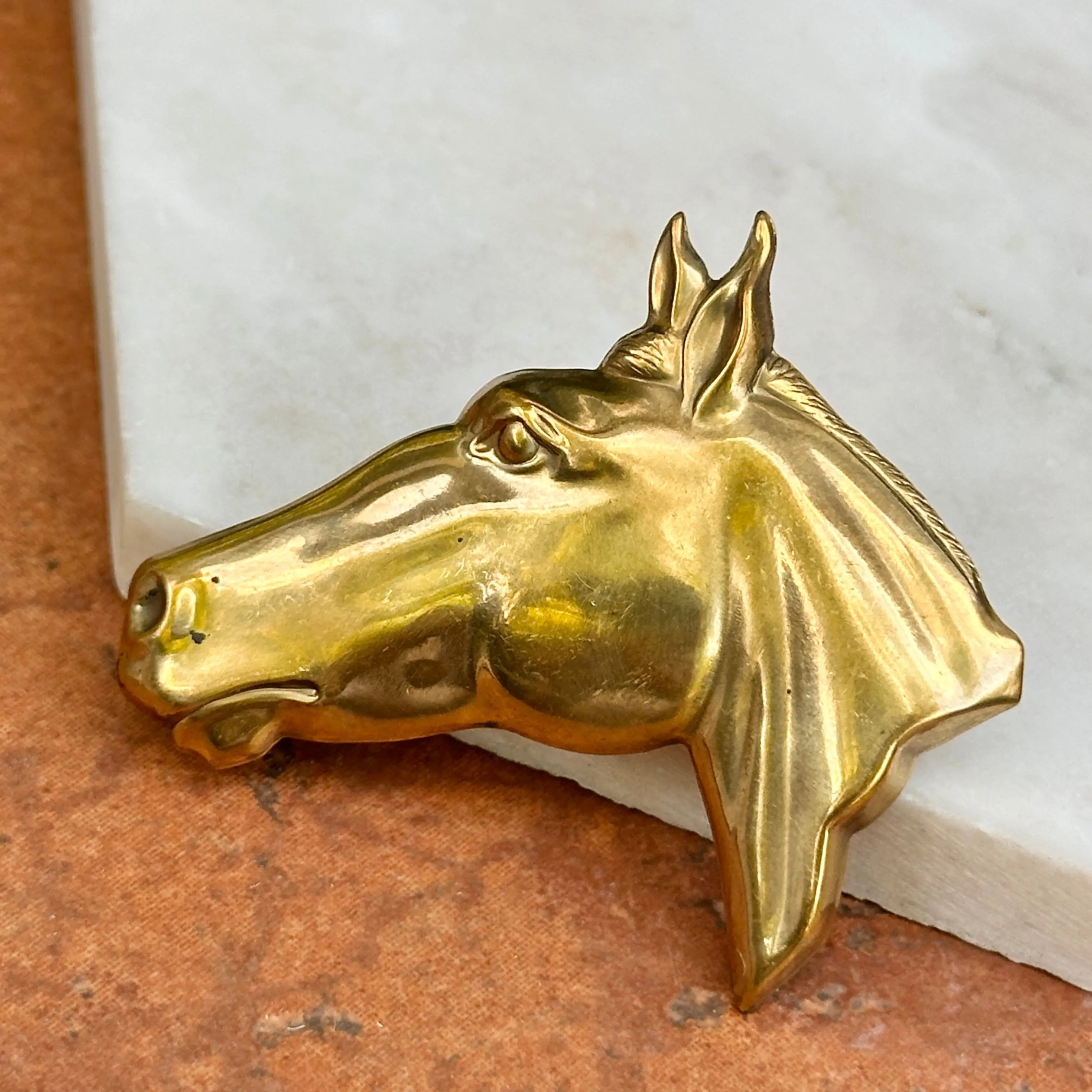 Estate Brass Polished Large Hollow Horse Head Pin Brooch 013