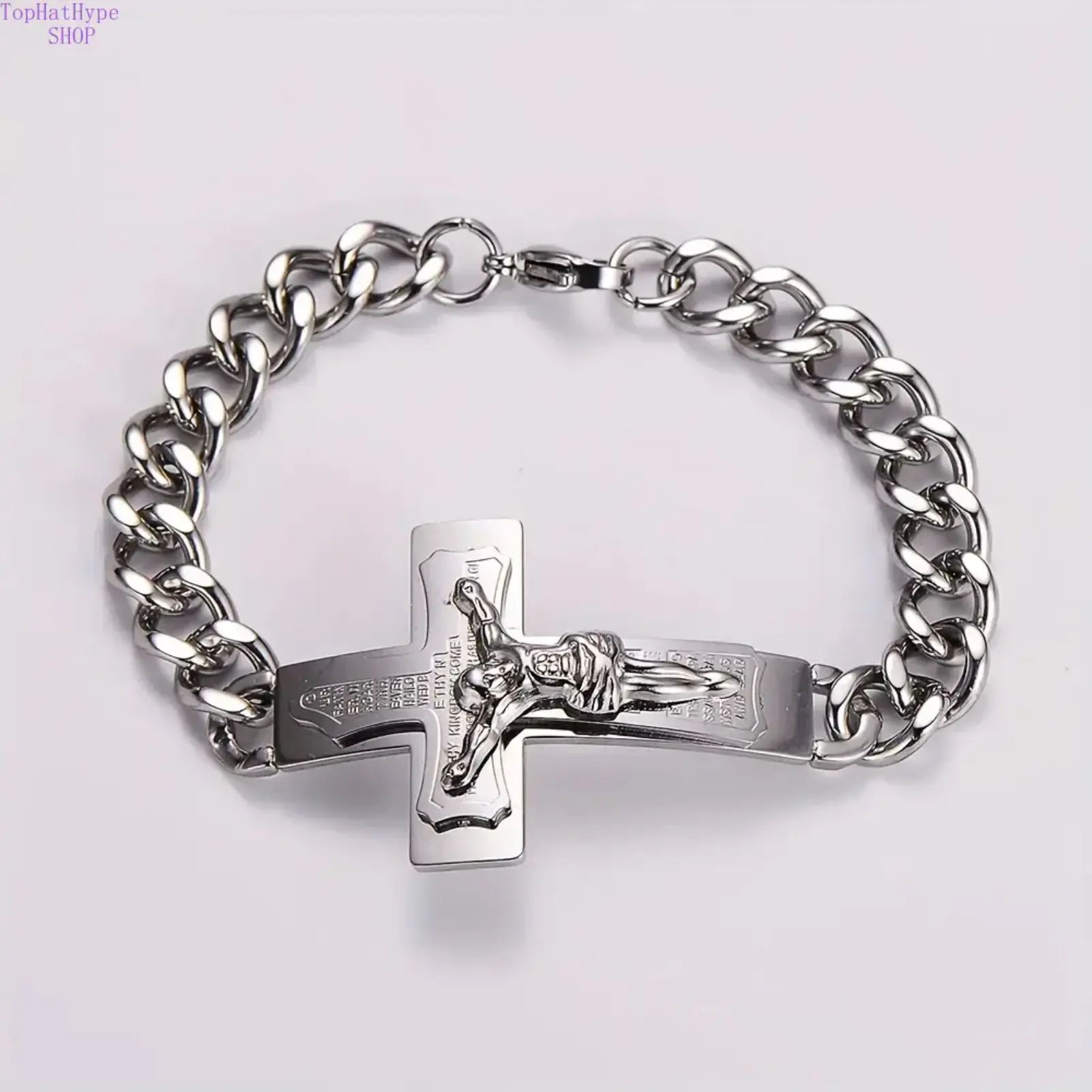 Men's Stainless Steel Jesus Prayer Curved Bar Bracelet - Polished Adjustable Religious Wristband, Inspirational Faith Cuff, Daily Wear Jewelry for Religious Gifting